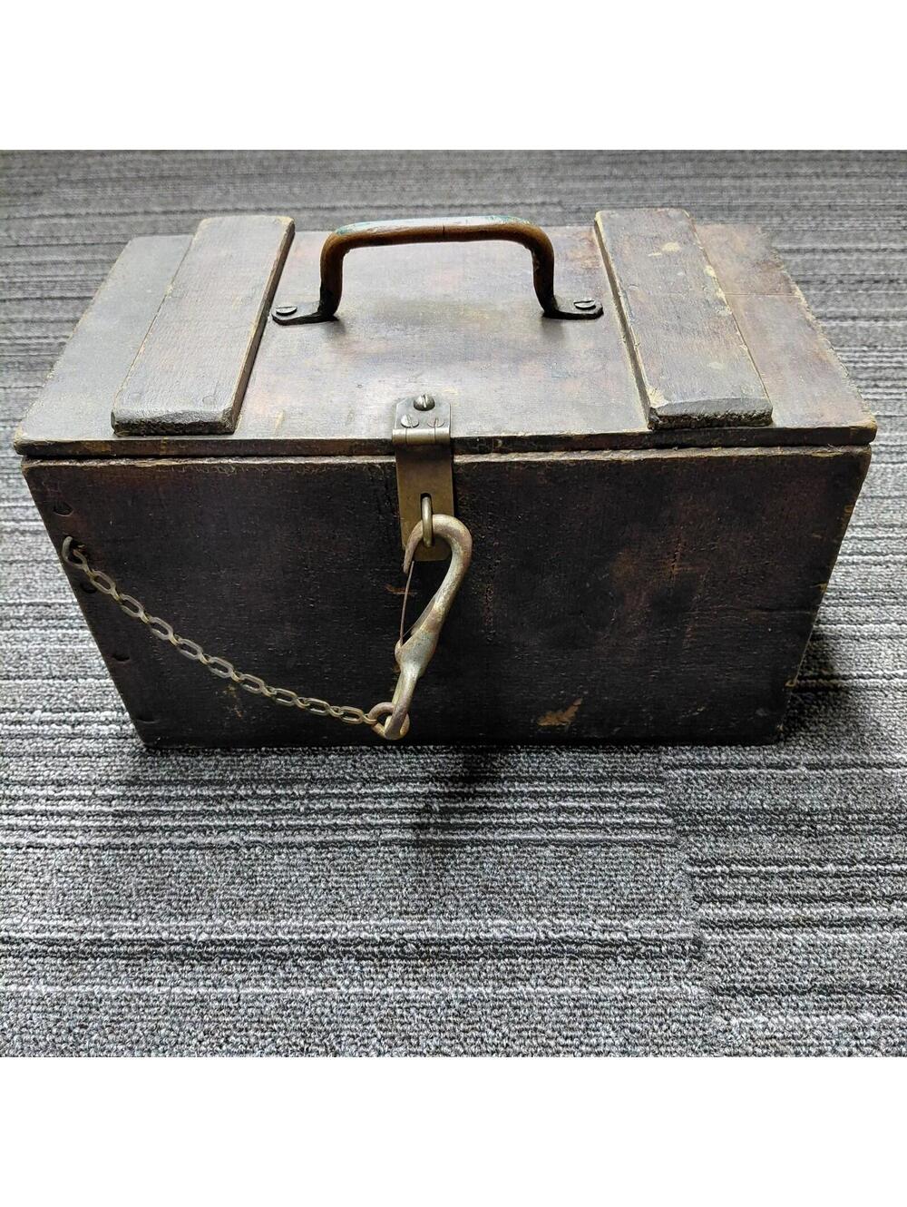 Antique Wooden Lock Box Chest Primitive Document Tool Cash Box w/ Chain